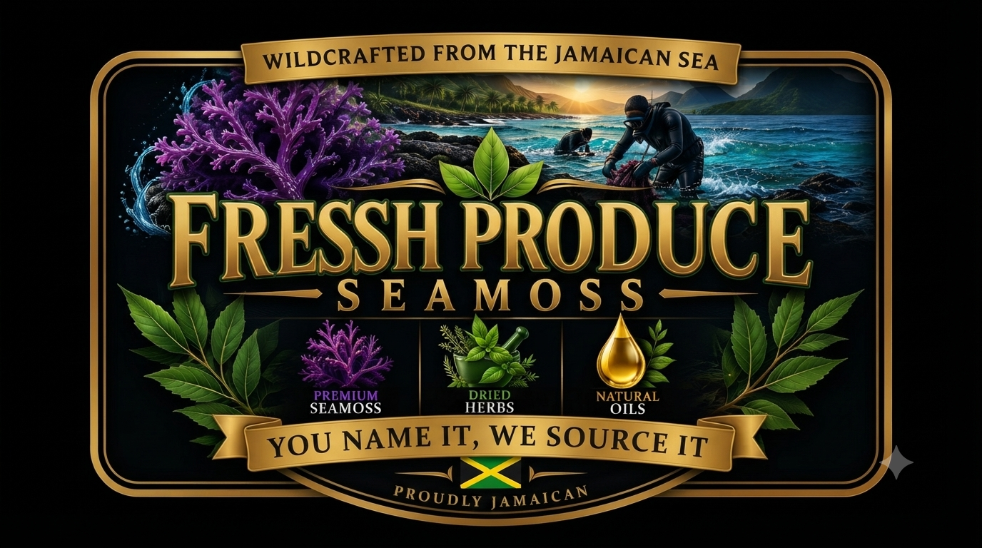 Fresh Produce Seamoss brand badge showing wildcrafted seamoss, herbs, oils and the Jamaican flag